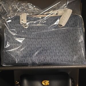 Michael Kors Navy Monogram Satchel with White Accents